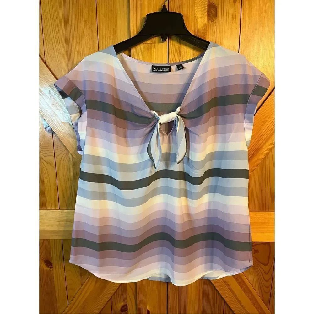 7th Avenue Design Studio Women V-Neck Striped Multicolored Sheer Blouse XL Tall